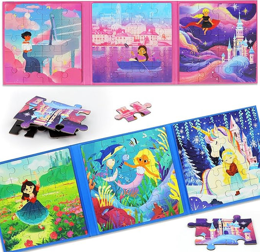 Magnetic Puzzles for Toddlers 3-5 Girls 120 Pieces Two-Book Travel Puzzles for Kids 4-6 Airplane Car Road Trip Activities Games Toys 3 4 5 6 7 8 Year Old Girls Gift