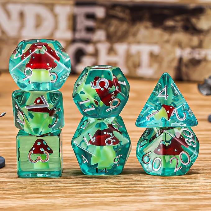 DND Resin Mushroom Dice Set, D&D Polyhedral Dice for Dungeons and Dragons RPG, MTG Role Playing Games D and D Dice 7pc D20 D12 D10 D8 D6 D4