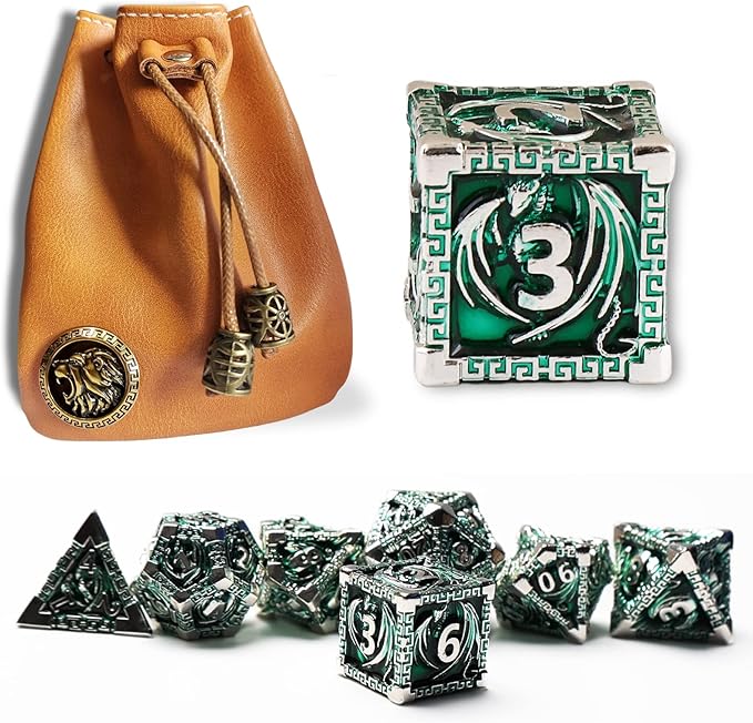 DND Dice Metal Dragon Set,Unique Dragon Design Dice with Gift Dice Bag for Dungeons & Dragon Games,Magic The Gathering,D and D D&D Dice Set (Silver Green)