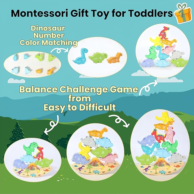 Montessori Dinosaur Stacking Toys - Magnetic Dinosaur Blocks, Matching & Sorting & Balance Board Game for Kids, Numbers 1-10 Learning Toys for 3 4 5 Year Old, Educational Gifts for Boys Girls Birthday