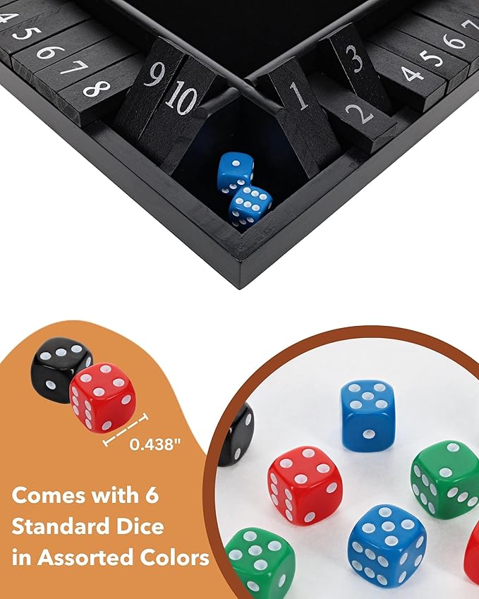 WE Games Shut The Box Wooden Board Game - Classic 4-Player Table Top Math Dice Game, Black Stained Wood, 8.5 in. Travel Size, 10 Numbers, for Families and Adults