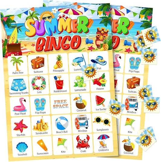 M AMFEOV Summer Bingo Game, Luau Summer Party Bingo Activities for 24 Players, Aloha Tropical Luau Party Games Supplies, Hawaiian Board Game for Summer Fun