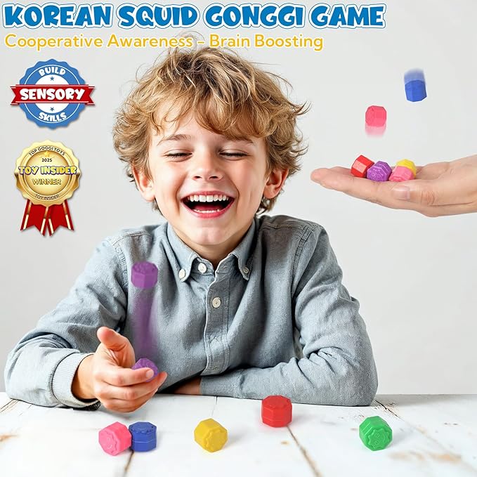 6PCS Gonggi Korean Jacks Stone Game - Gong Gi Korean Traditional Play Game - [1SET + 1PCS] Gongii Tossing Catching Toys - Party Gifts for Friends | Gong-Gi Konggi Hand Eye Coordination Training