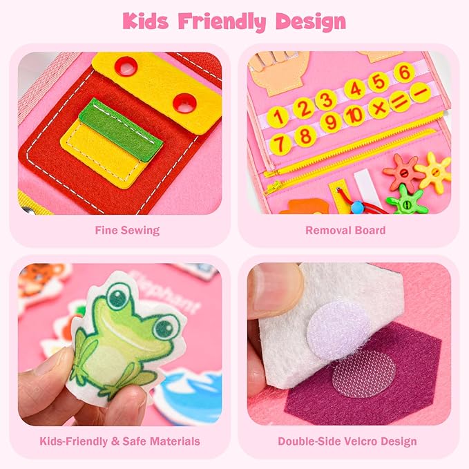 Busy Board Montessori Toys for 4 Years Old, Busy Book for Toddlers, Sensory Board Quiet Book Educational Activity Book for Toddlers 4-5, Toddler Travel Toys for Plane Car, Gifts for Boys Girls (Pink)