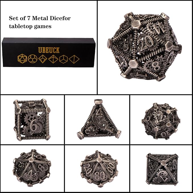 DND Metal Dice Set, UBEUCK 7PCS Gear Metal DND Dice Set for Dungeons & Dragons Board Games Boxes(Ancient Nickel Gear)