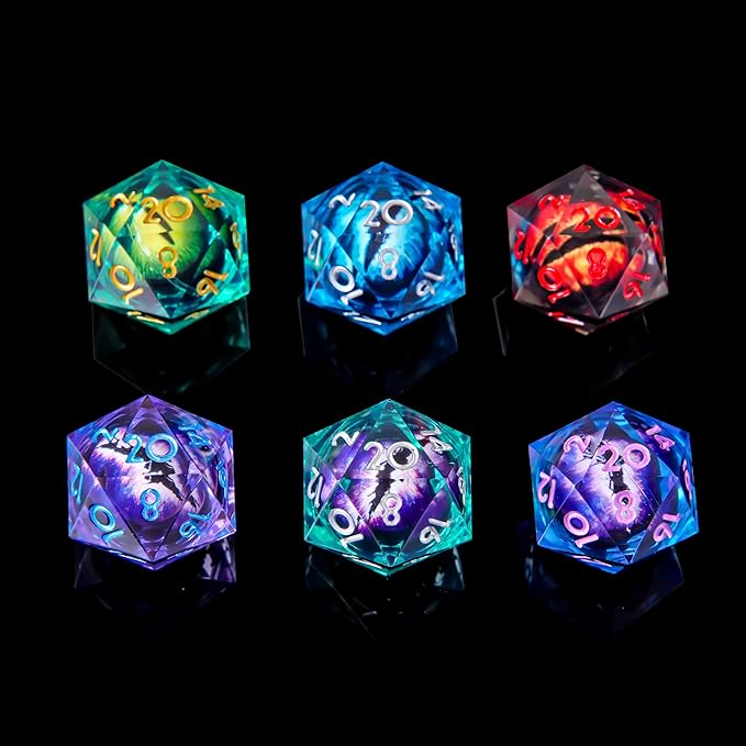 6 Pcs D20 DND Dice Dragon Eye 24mm Liquid Core 20 Sided Dice,Colored Dice Set Resin Sharp Edge 20 Sided D&D for Dungeons and Dragons, Board Games,Parties,Classroom Math Games