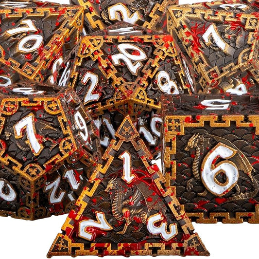 ARUOHHA 7PCS DND Metal Dice Set Antique Gold Blood Polyhedral Dice Set with Gift Box, RPG Role Playing Dice 6 Sided D and D Dice D20 D12 D10 D8 D6 D4
