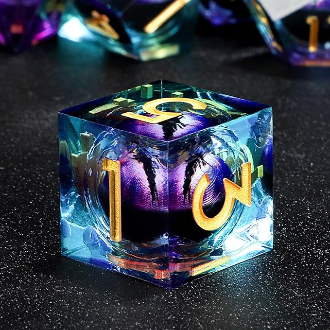 Handmade Resin Dragon Eye DND Dice Set Liquid Core Sharp Edges 7 Pieces with Gift Box for RPG Roleplaying Unique Craftsmanship (Purple-Gold)