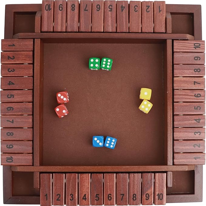 MerryPony Shut The Box 4 Player Wooden Board Game - 12 Inch With 10 Numbers and 12 Dice, Classic Family Tabletop Math Game for Adults & Kids, Pub Classroom Party