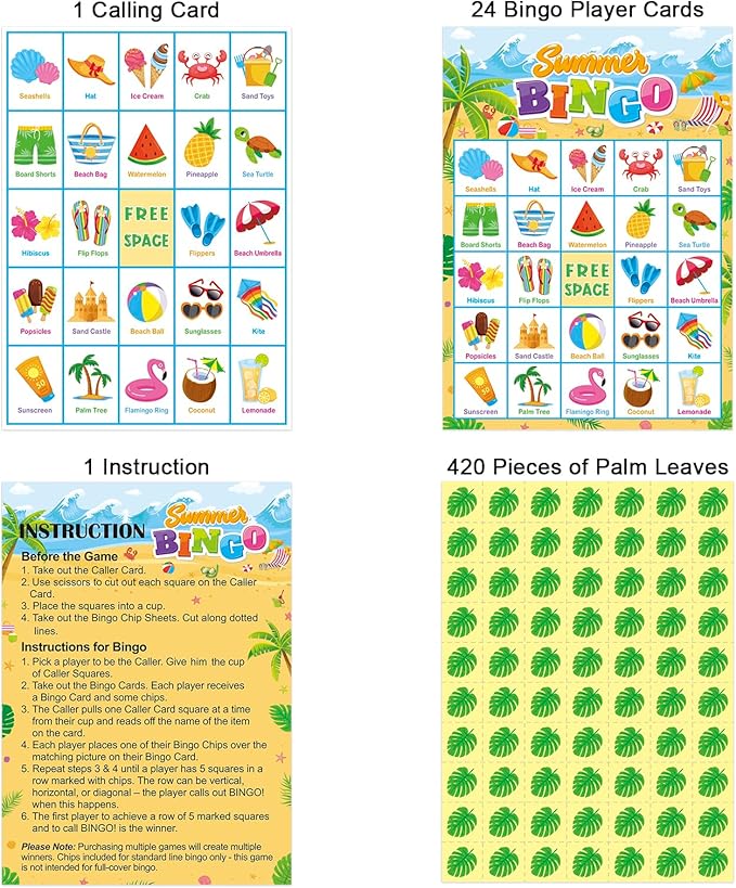 24 Players Summer Bingo Game Cards for Kids Summer Party Games for Hawaiian Tropical Beach Luau Party Favors School Party Games
