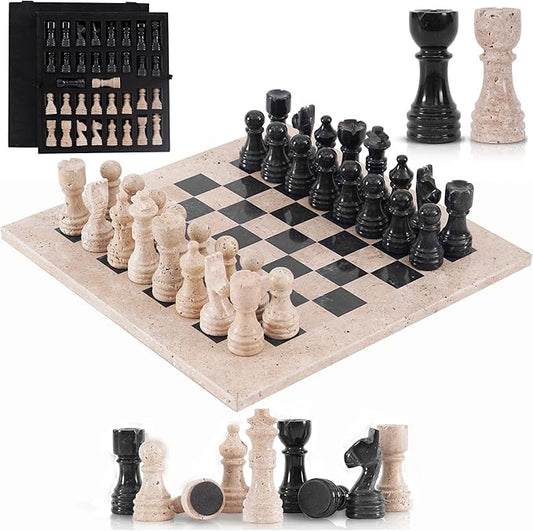 Marble Chess Set 12 Inch Handmade Travertine & Black Board Game with Storage Box, Classic Travel Chess Set for Adults with Pieces & 2 Extra Queens, Elegant Gift & Home Décor