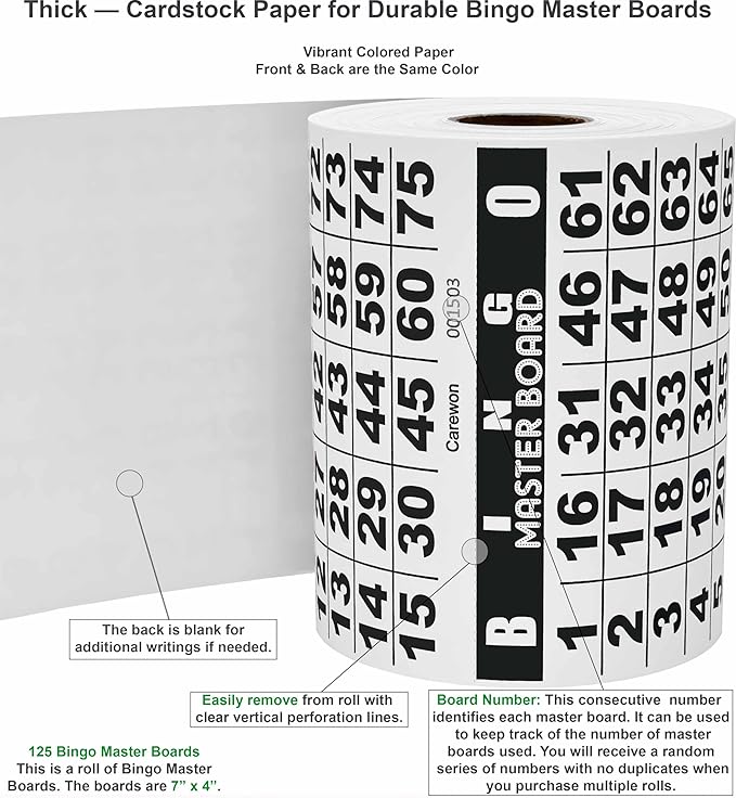 125 Bingo Master Boards, White (1 of 3 Colors), for Parties, Large Events Family Game Nights, Single or Multi Use for Daubers or Chips