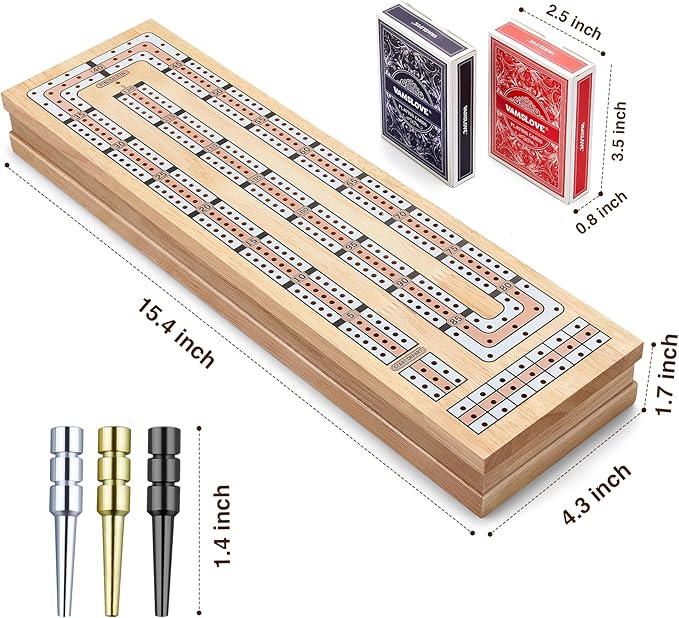 Vamslove Magnetic Cribbage Board 15'' Wooden Folding 3 Track Game Set, w/Instruction, Storage Slots for 2 Playing Cards/Pegs, Card Games for Travel Family Night