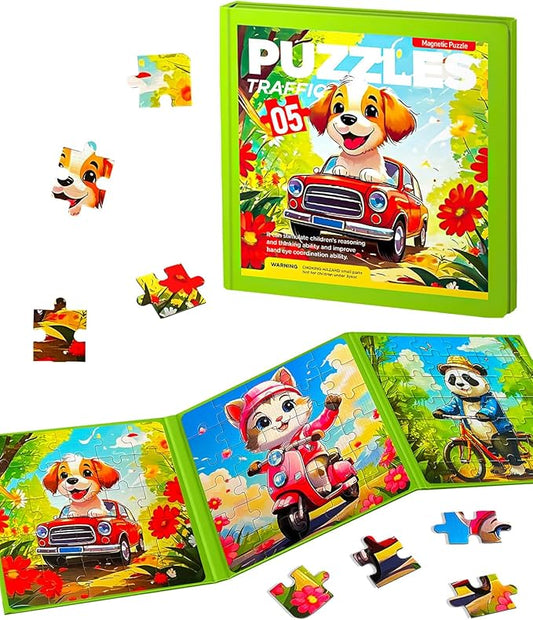 Magnetic Puzzles for Kids Ages 4-8, 3 in 1 Toddler Travel Puzzles, Animal Car Activities Toy for Boys Girls 4-6, Preschool Learning Toy for Kids 3-8 Year (Bike)