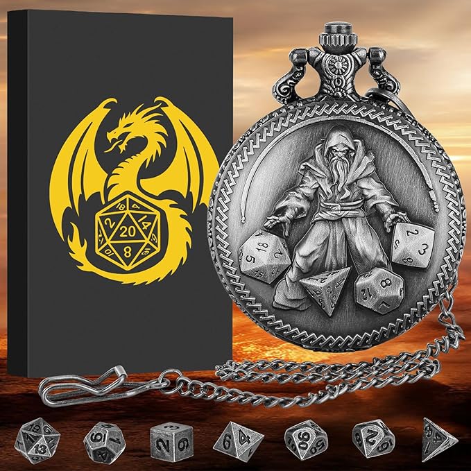 Mini DND Dice Set, Hand Held Dice Wizard Pocket Watch Shell Case, 7 Piece Polyhedral Metal D&D Dice Set, DND Gifts with Gift Box, Role Playing Board Game Accessories, Dark Silver
