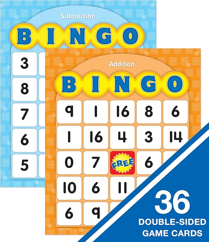 Carson Dellosa Addition and Subtraction Bingo Board Games, Adding and Subtracting Math Facts for Kids Ages 5+, Kindergarten Learning Activities, 3-36 Players