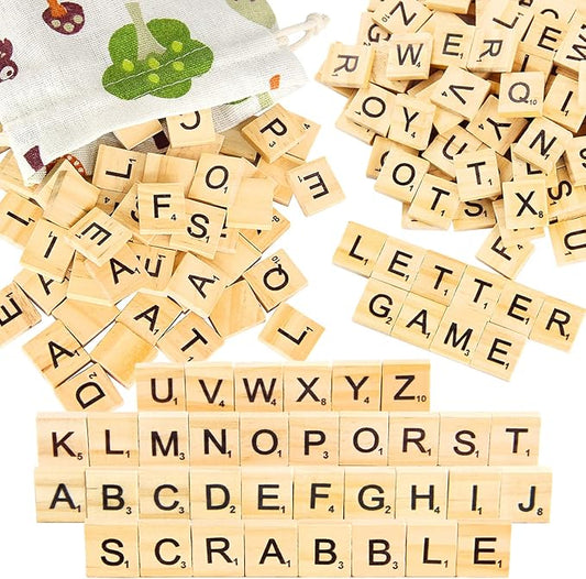 PINOWU 200pcs Wooden Letter Tiles for Scrabble Crossword Game Wood Scrabble Letters Replacement for DIY Craft Gift Decoration Scrapbooking and Making Alphabet Coaster