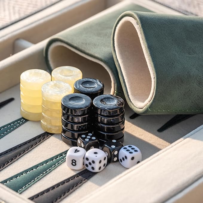 Backgammon Sets for Adults, Classic Board Game with Folding Leather Backgammon Case, Portable Travel Backgammon Game Set (Green)