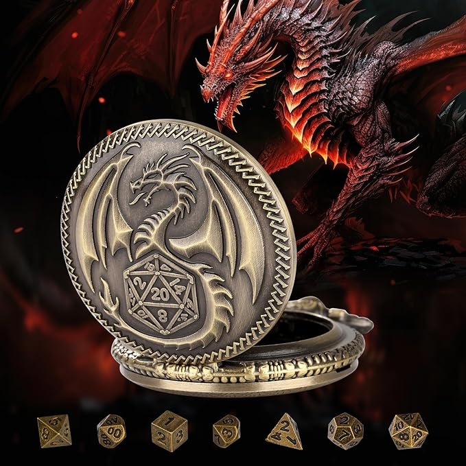 Mini DND Dice Set Steampunk Dragon Pocket Watch Shell Case, 7pcs Polyhedral Metal D&D Dice Set, DND Gifts with Gift Box for Men Women, Role Playing Board Games Accessories, Bronze