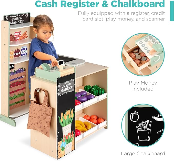 Best Choice Products Pretend Play Grocery Store Wooden Supermarket Toy Set for Kids w/Play Food, Chalkboard, Cash Register, Working Conveyor - Natural