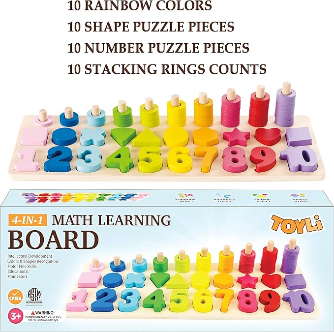Educational Math Learning Board and Puzzle Wooden 4 in 1, Wooden Stacking Toy
