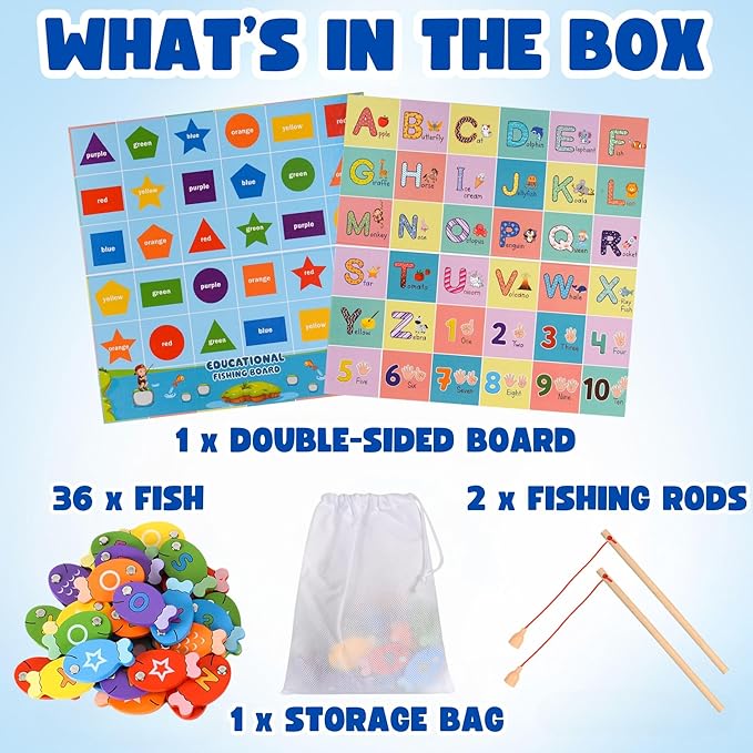 Magnetic Wooden Fishing Game – Interactive ABC Alphabet, Numbers, Shapes & Colors 4-in-1 Learning Board | Montessori Educational Toy for Kids | Complete Set with 36 Fish, 2 Poles & Wooden Board
