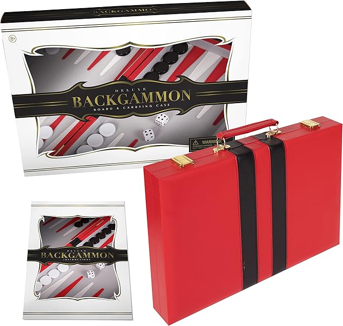 Backgammon Set 15 inch, Medium - Classic Board Game for Adults and Kids with Premium Leather Case - Includes Strategy & Tip Guide (Red)