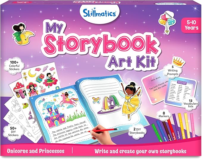 Skillmatics Storybook Art Kit - Unicorn & Princesses Art Kit for Kids, Write & Create Fairytale Stories, Creative Activity for Girls & Boys, DIY Kit, 300+ Stickers, Gifts for Ages 5, 6, 7, 8, 9, 10