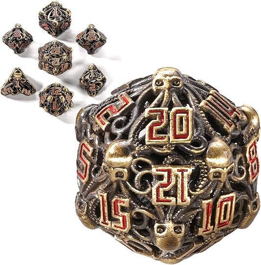 Hollow Cthulhu Metal Dice Set,Unique Dungeons and Dragons Polyhedral Dice Set for D&D TRPG MTG Pathfinder Table Board Roll Playing Games D4 D6 D8 D10 D% D12 D20 (Brass)