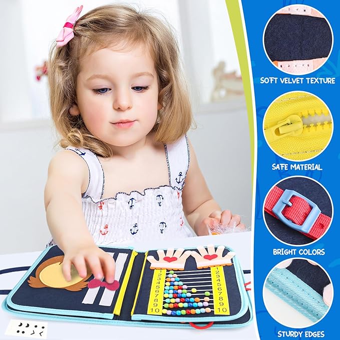 Montessori Busy Board Toys, Sensory Board for Toddlers 1-3, Travel Felt Busy Book for Airplane Car, Activity Busy Mat for Learning Fine Motor Skills Suits Boys Girls Birthday Gifts Blue/P2