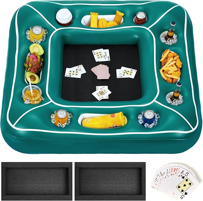 WERNNSAI Floating Pool Card Table Inflatable Drink & Snack Holder with Waterproof Playing Cards 40” Floating Game Tray for Pool or Beach Party Summer Fun Accessory for Adults & Family