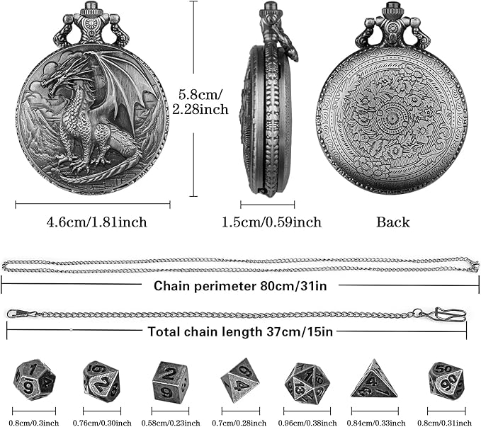Mini DND Dice Set with Steampunk Dragon Pocket Watch Case, Tiny 7-Piece Polyhedral Metal D&D Dice, DND Gifts with Gift Box for DND Lovers, Role Playing Game Board Game Accessories Dice, Dark Silver