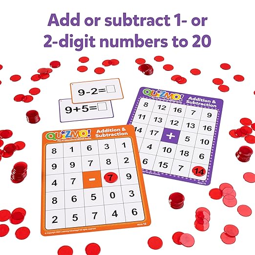 QUIZMO Addition & Subtraction - Bingo-Style Math Game - 2 Game Modes for Ages 6-10 - Teach Basic Mathematics