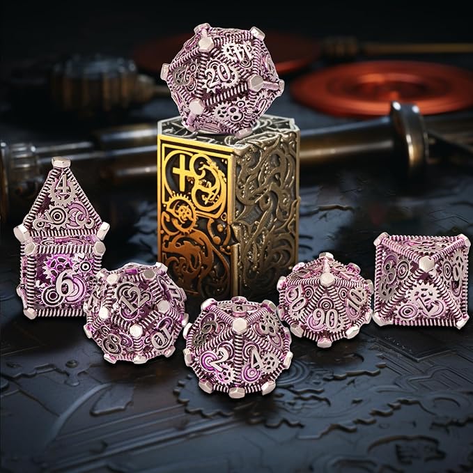 DND Metal Dice Set, UBEUCK 7PCS Gear Metal DND Dice Set for Dungeons & Dragons Board Games Boxes (Gear Purple)