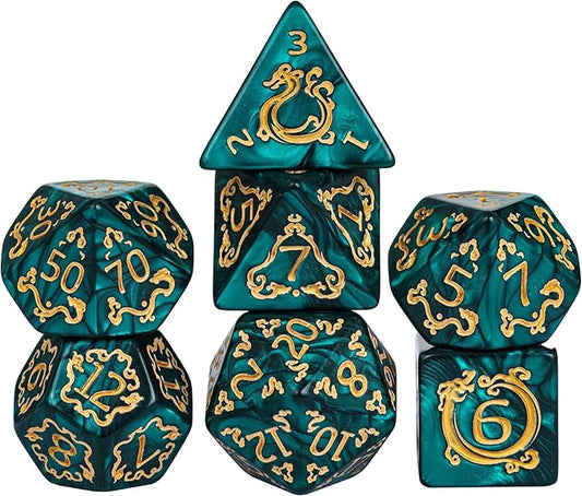 7-Die DND Dice Set Dragon Pattern Polyhedral Dice Set with Leather Bag D&D Dice Set for Dungeons and Dragons RPG MTG Table Games (Green W/Gold Dragon Pattern)