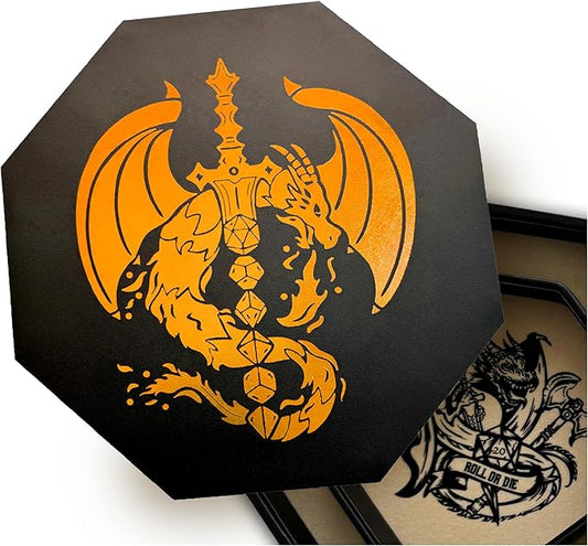 Chromatic Fire Dragon Dice Tray with Dice Sword Artwork – 9" Octagon with Lid, Holds 5 Dice Sets – Perfect for D&D, Call of Cthulhu, Shadowrun, and All Tabletop RPGs