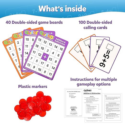 QUIZMO Addition & Subtraction - Bingo-Style Math Game - 2 Game Modes for Ages 6-10 - Teach Basic Mathematics
