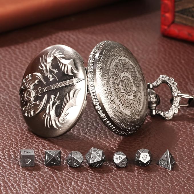 Mini DND Dice Set with Double Headed Dragon(Top Double-Sided Axe) Pocket Watch Case, 7-PCS Polyhedral Metal D&D Dice, DND Gifts with Gift Box, Role Playing Game Board Game Accessories Dice, Silver