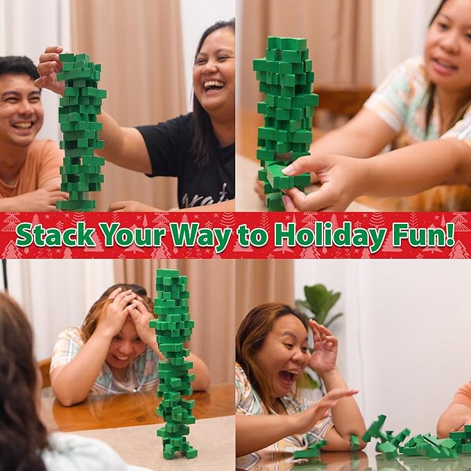 Funwares Wooden Blocks Stacking Game, Tumbling Tower and Balance Game, Family & Party Fun, Game for Kids and Adults, Ages 6+, Santa’s Christmas Tree Stack-Up, Christmas Tree Wood Blocks Stacking Game