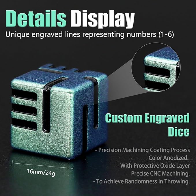 D6 Metal Dice, 16mm 6 Sided Dice Set, ZHOORQI 6Pcs/Set Tech-Themed New Concept Glittery Lines D6 Dice for DND, Tabletop RPGs Gifts（D6-Retro Green）