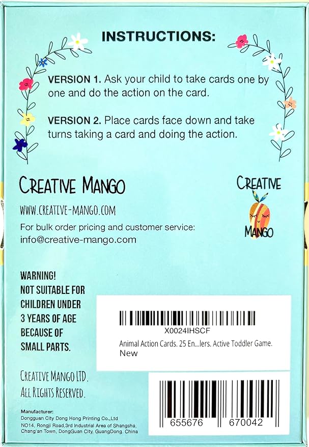 Creative Mango. Animal Action Cards. 25 Engaging Cards. Card Game for Toddlers. Active Toddler Game. 4"x6".