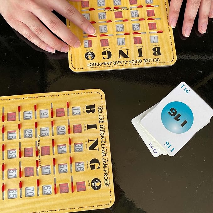 MR CHIPS Jam-Proof Bingo Cards with Sliding Windows, 50 Reusable Shutter Cards, 75 Calling Cards 1 Master Board in Woodgrain Style