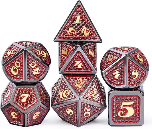 DNDND Metal Dungeons and Dragons Dice Set, 7 PCS Dragon Scale Metallic D&D Die with Gift Metal Tin for DND Game (Red with Black Edge)