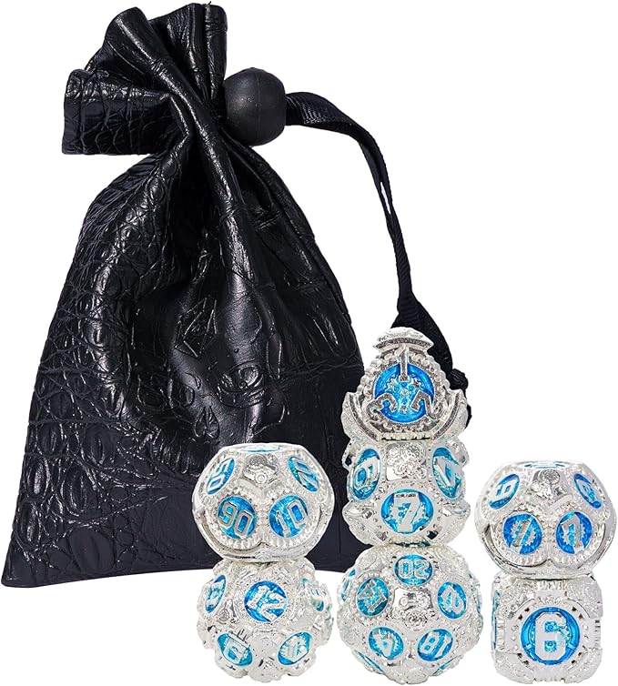 Metal Dice Set D&D, 7-Die DND Dice Metal Gear Dice with Gift Dice Bag for DND Dungeons and Dragons Role Playing Games (Silver Blue)