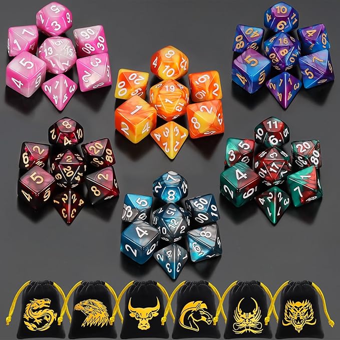 QMay DND Dice Sets - 6 X 7 Polyhedral Dice (42pcs) with 6 Drawstring Bags for Dungeons and Dragons, RPG, MTG,Role Playing Table Game