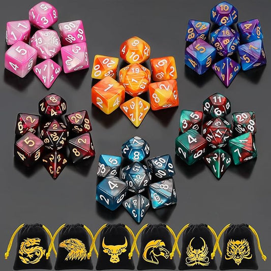 QMay DND Dice Sets - 6 X 7 Polyhedral Dice (42pcs) with 6 Drawstring Bags for Dungeons and Dragons, RPG, MTG,Role Playing Table Game