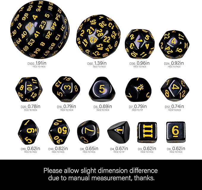 15 Pieces Complete Polyhedral DND Dice Set D3-D100 Spherical D&D Dice Set with Dragon Eye Dice Bag, D100 Dice for Dungeons and Dragons, RPG, MTG Table Games(Black w/Yellow Numbers)