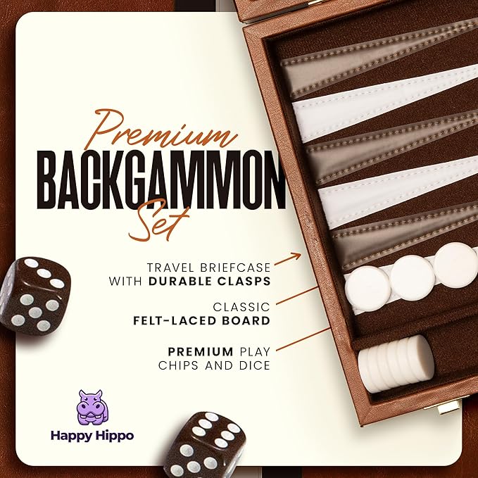 Backgammon Board Game, Deluxe Leather Like Case, Felt Interior, Brown, Classic Backgammon Game, Popular Board Game, Board Games (Small (11"))