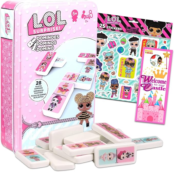 L O L LOL Dominoes Tin Game Set for Kids, Toddlers ~ 3 Pc Bundle with LOL Dolls Dominos Board Game, 300 Stickers, and Hanger LOL Dolls Birthday Party Games and Supplies, LOL dominos, LOL dominoes