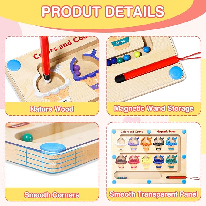 Magnetic Color and Number Maze, Montessori Toys for 3+ Year Old, Wooden Puzzle Activity Board, Toddler Counting Maze Toys for Boys Girls Preschooler 3 4 5 Years Old Gift(Ice Cream)